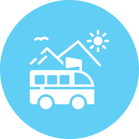 Moss Hall Playcentre Bus and mountains icon with sun.