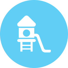 Moss Hall Playcentre Playground icon with slide on blue background.